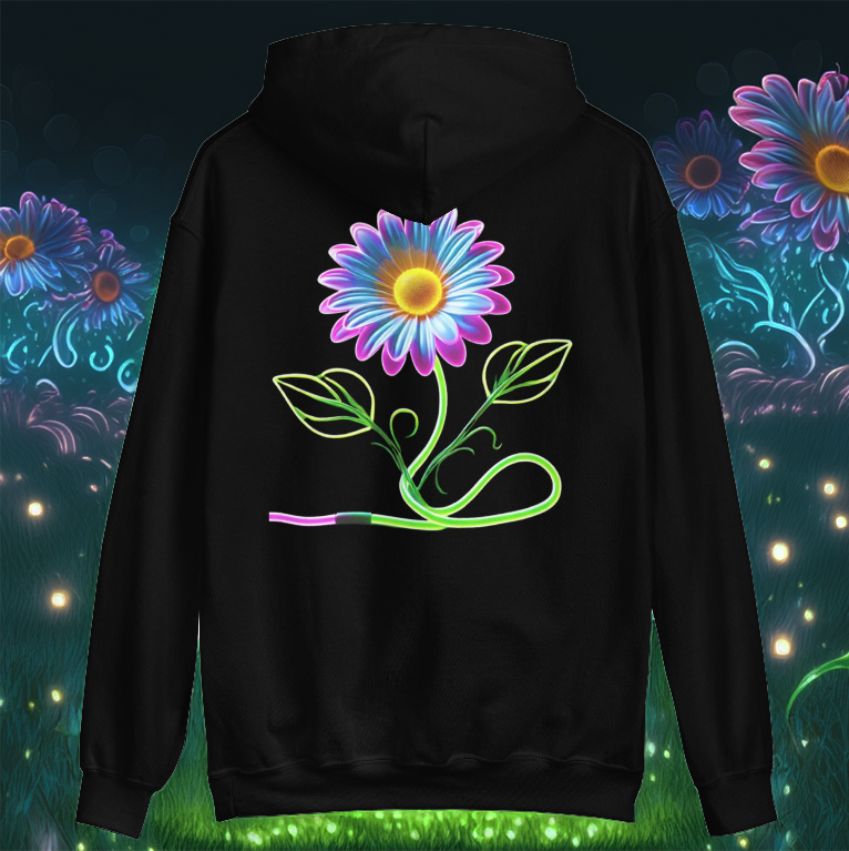 Black hoodie showcasing a glowing neon daisy design, where the stem elegantly transforms into a vibrant paintbrush. Set against an enchanted floral dreamscape, this hoodie blends artistic expression, creativity, and nature's radiance.