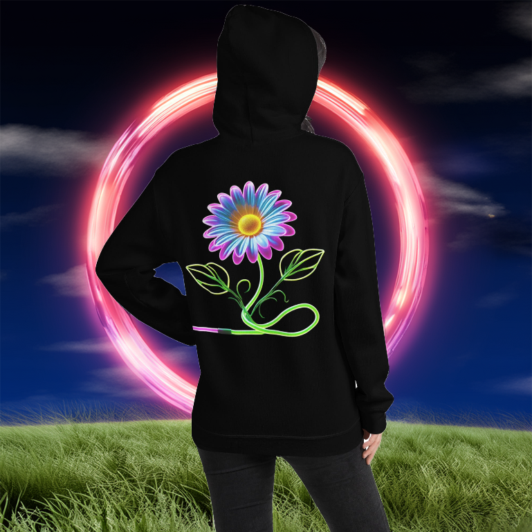 Woman wearing a black hoodie adorned with a radiant neon daisy design, its stem seamlessly blending into a glowing paintbrush, standing before a luminous pink energy portal in a mystical grassy landscape. A fusion of creativity, nature, and artistic expression.