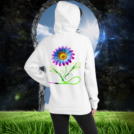 Woman wearing a white hoodie featuring a vibrant neon daisy with glowing green vines and a paintbrush stem, standing before a mystical portal. Floral aesthetic hoodie with artistic energy.