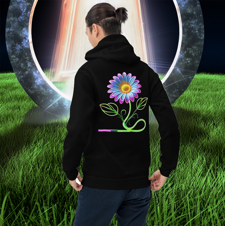 Man wearing a black hoodie with a neon daisy and glowing green vines, seamlessly blending into a paintbrush stem, standing before a radiant portal. Art-inspired floral hoodie with a creative energy.