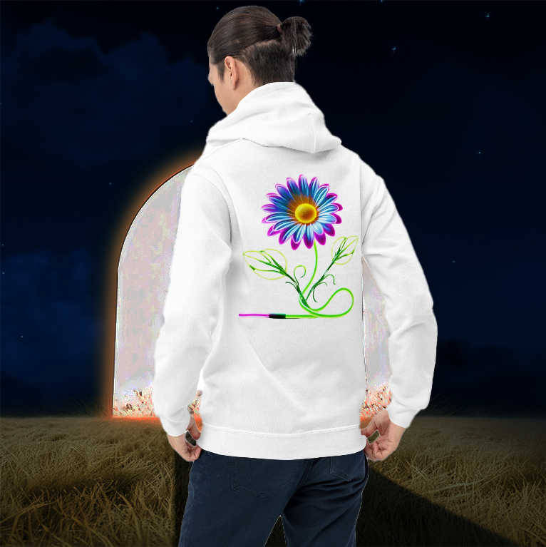 Man wearing a white hoodie featuring a vibrant neon daisy design intertwined with an artistic paintbrush, standing before a glowing mystical doorway in a surreal nighttime landscape. A symbol of creativity, nature, and radiant expression.