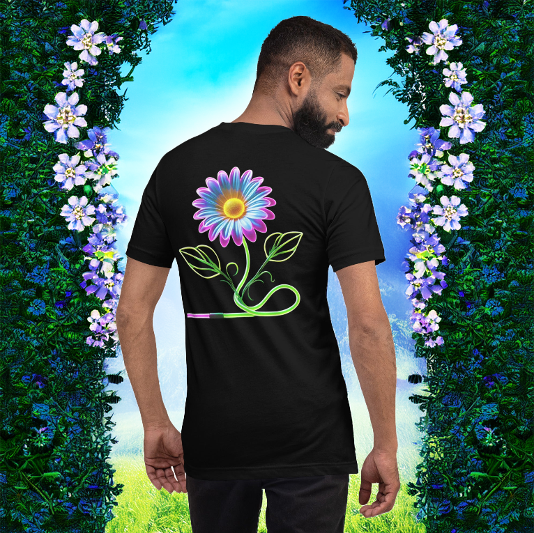A man wearing a black T-shirt featuring a neon daisy with glowing vines, standing in front of a vibrant floral gateway leading to a dreamy landscape.