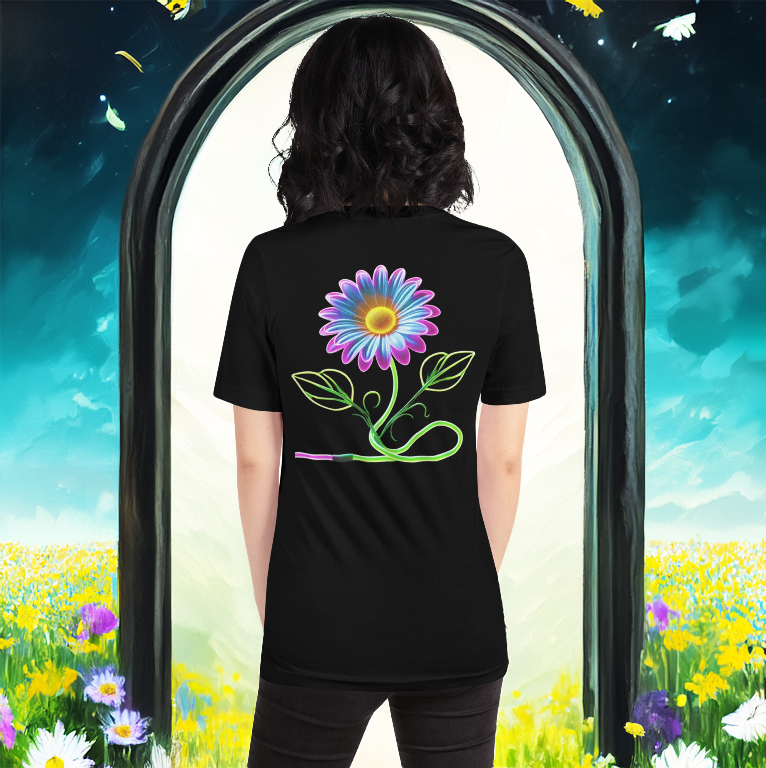Black T-shirt featuring a vibrant, neon-outlined daisy with swirling vines, worn by a woman gazing into a fantasy meadow through an arched gateway.