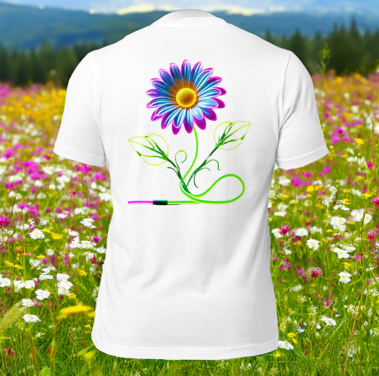 A white T-shirt featuring a neon daisy with glowing vines, set against a vibrant wildflower meadow with mountain views in the distance.