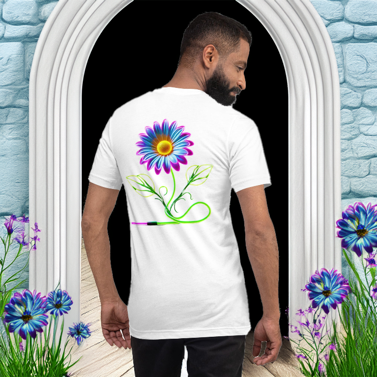 White tee featuring a radiant neon daisy and swirling vines, worn by a man stepping through a magical floral gateway.