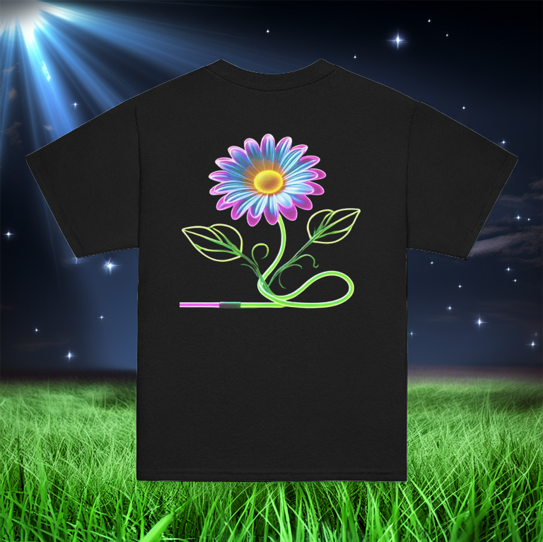 Youth-sized black t-shirt featuring a neon-glowing daisy with a vibrant, swirling stem, set against a nighttime cosmic grassland background.