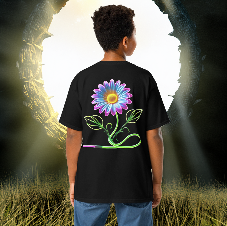 Young boy wearing a black youth tee featuring a neon-glowing daisy design, standing before a mystical sunlit portal framed by jagged tree branches and golden grass.