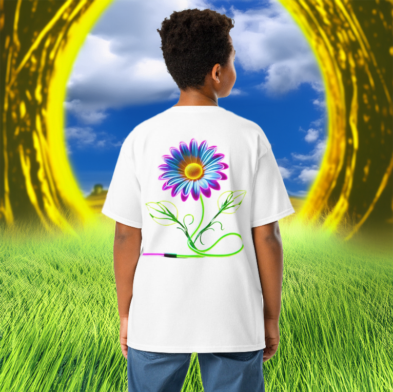 Youth wearing a white tee featuring a neon-glowing daisy with futuristic vines, standing before a golden portal leading to a vibrant green meadow and blue sky.