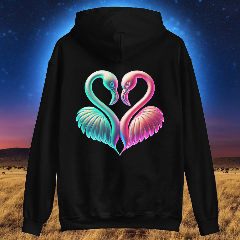 Black hoodie featuring a vibrant neon flamingo heart design, set against a twilight savanna backdrop. Stylish and unique hoodie for bold, expressive fashion.