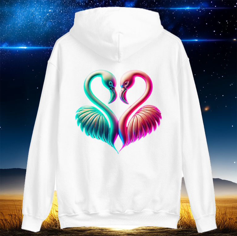 White hoodie with a striking neon flamingo heart design, set against a celestial twilight background. A bold and artistic statement piece for unique fashion lovers.