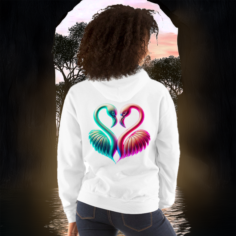 Woman wearing a white hoodie featuring a neon flamingo heart design, standing at the entrance of a mystical jungle portal. Elegant and unique hoodie for vibrant style