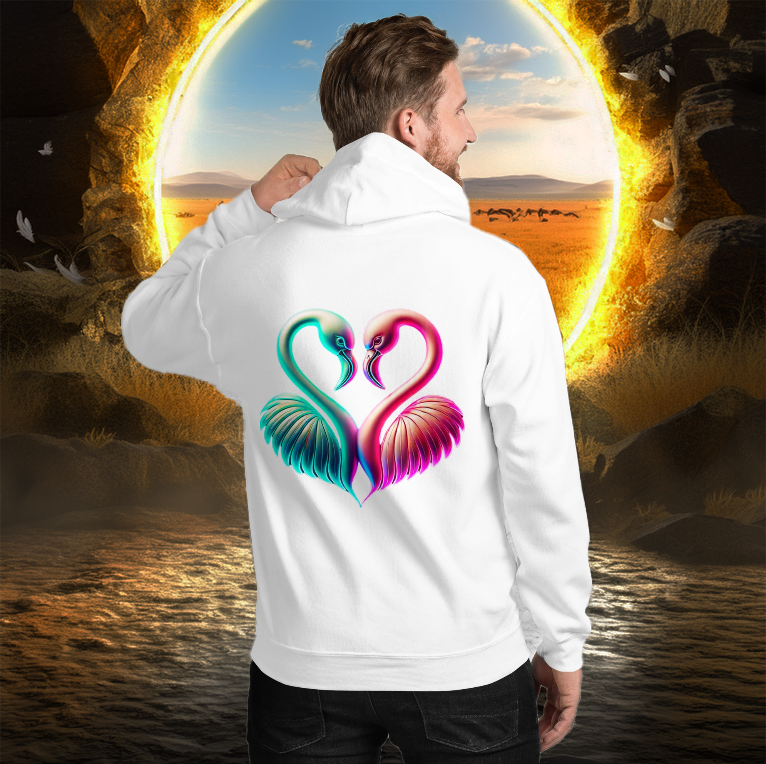 Man wearing a white hoodie featuring a neon flamingo heart design, standing in front of a glowing sunlit savanna. Trendy and unique hoodie for vibrant fashion lovers.