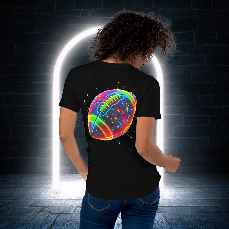 Women’s black T-shirt featuring a neon football graphic, perfect for sports enthusiasts and game-day fashion. Styled with a futuristic glowing portal backdrop for a bold, athletic vibe.