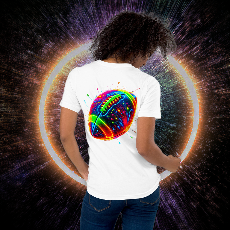 Women’s white T-shirt featuring a neon football graphic with vibrant splashes of color. A bold and energetic sports-inspired tee, perfect for football lovers and trendsetters.
