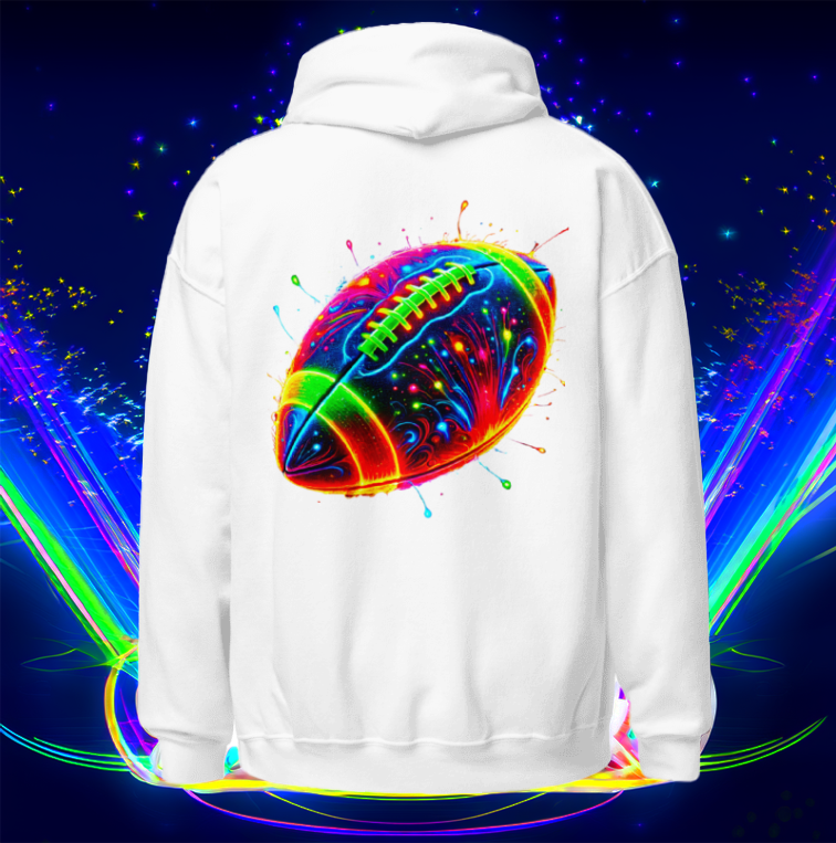 Neon Gridiron Hoodie in white featuring a bold, electrifying football design. Perfect for football lovers who want a standout, sporty streetwear look.