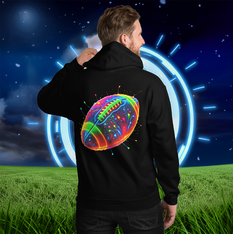 Neon Gridiron Hoodie in black with a vibrant, multicolor football design on the back. A bold streetwear piece for football fans and sports enthusiasts.