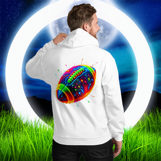 Neon Gridiron Hoodie in white featuring a glowing, multicolor football design on the back. A bold, eye-catching sports hoodie for football lovers and trendsetters.