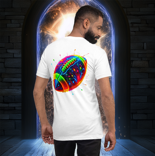 Men’s white T-shirt featuring a neon football graphic, perfect for sports fans and football lovers. Styled against a glowing fantasy portal background for a bold, athletic look.