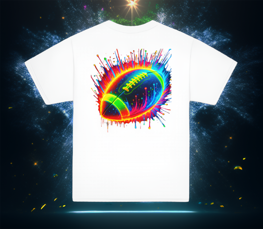 The Neon Gridiron Youth Tee in white, featuring a vibrant neon football explosion design on the back. The high-energy artwork blends bold electric colors with a dynamic splatter effect, capturing the thrill of the game. A must-have for young football fans who love eye-catching, standout sportswear.