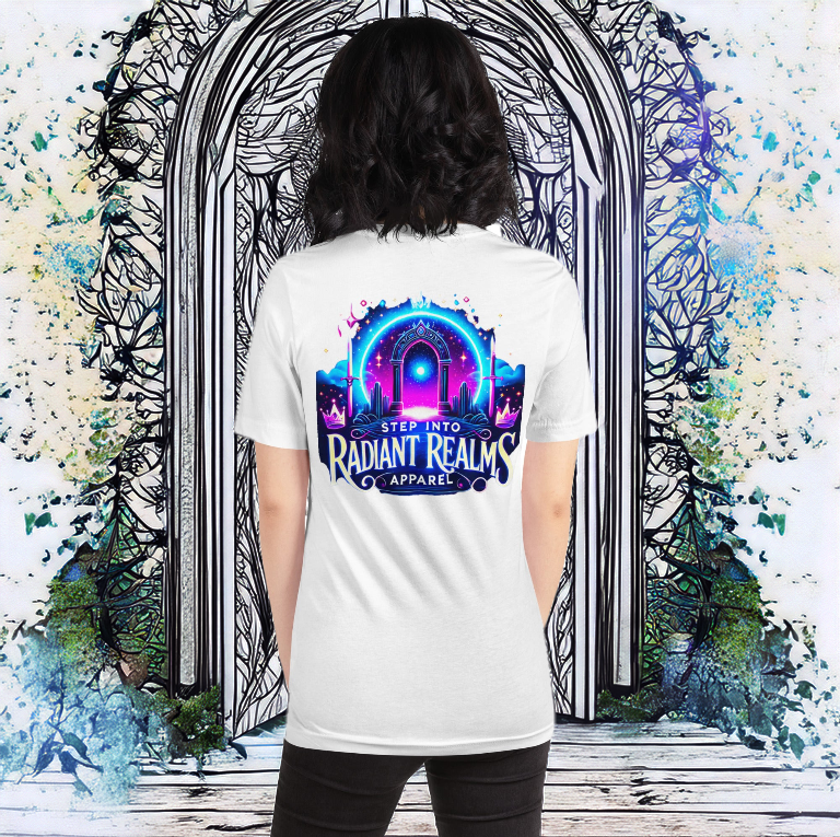 Female model wearing the Realm Official Tee in white, standing before an artistic sketch-style portal with intricate linework. The glowing neon design with 'Step into Radiant Realms Apparel' creates a striking fusion of fantasy and art.
