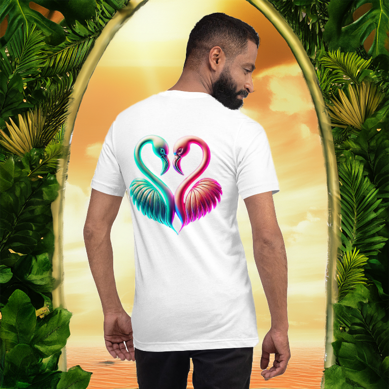 Male model wearing the Eternal Unity Tee in white, featuring a neon flamingo heart design on the back. The golden sunset and tropical foliage create a serene paradise atmosphere, symbolizing love, unity, and everlasting connection.