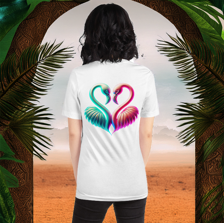 Female model wearing the Eternal Unity Tee in white, showcasing a neon flamingo heart design on the back. Set against a warm desert oasis framed by palm leaves, this design radiates love, balance, and harmony in a mystical landscape.