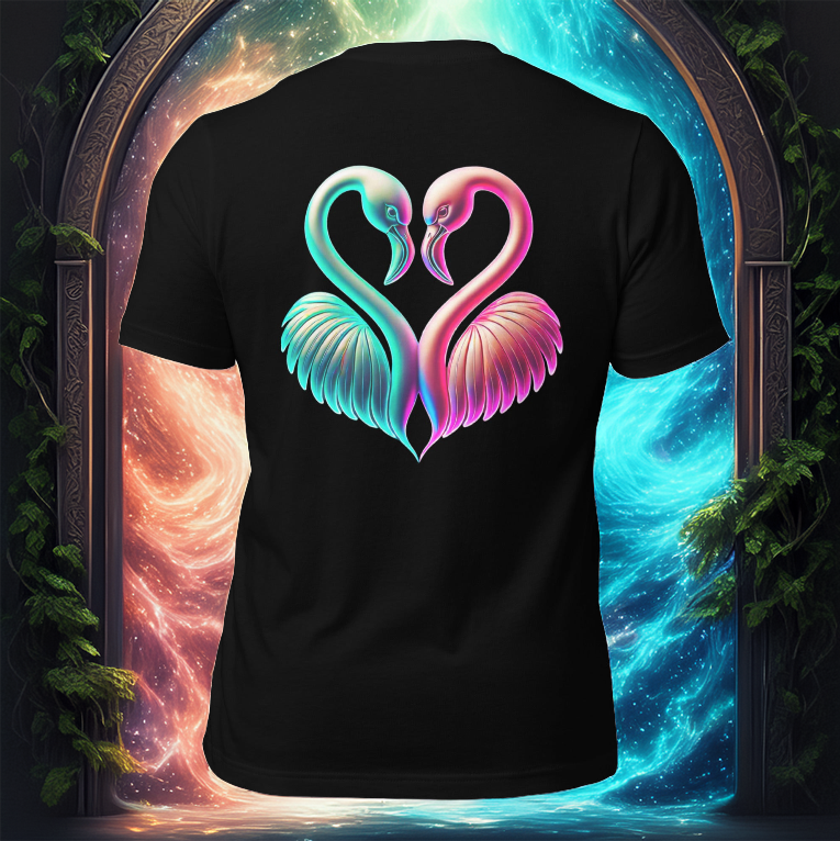 The Eternal Unity Tee in black, featuring a neon flamingo heart design on the back. Displayed against a mystical portal with swirling energies of fire and water, symbolizing harmony, love, and balance in a radiant realm.