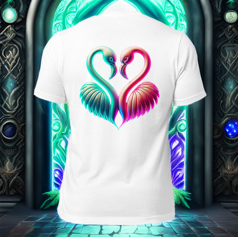 The Eternal Unity Tee in white, showcasing a neon flamingo heart design on the back. Set against an ethereal, glowing portal with intricate metallic patterns, symbolizing love, connection, and a passage into a mystical realm.