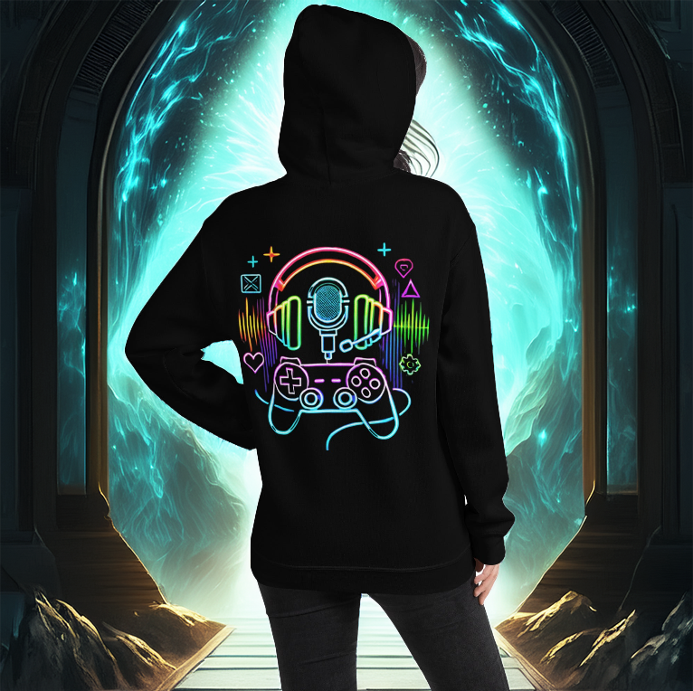 Black hoodie featuring a neon gaming-inspired design with a headset, microphone, and game controller, glowing with vibrant colors. Perfect for streamers, esports enthusiasts, and gamers who love immersive, futuristic fashion.