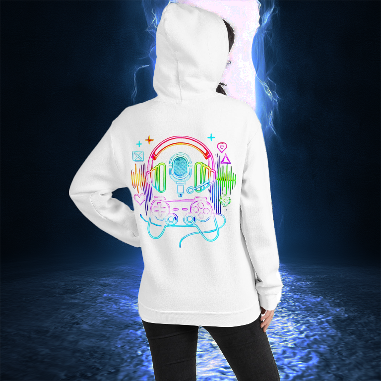 White hoodie featuring a vibrant neon gaming design with a headset, microphone, and game controller. Perfect for streamers, gamers, and digital creators. Futuristic and immersive gaming apparel.