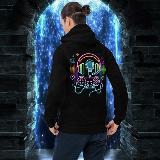 A sleek black hoodie featuring a neon-style gaming design on the back. The artwork showcases a glowing game controller, headset, and microphone surrounded by digital symbols, sound waves, and pixelated icons. The model stands before a mystical blue portal, adding to the futuristic and immersive gaming aesthetic. Perfect for streamers, gamers, and those who embrace digital culture.