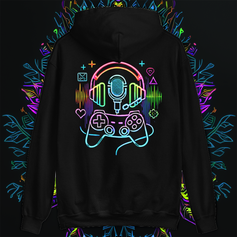 Black gaming hoodie featuring a neon cyber-inspired design with a headset, microphone, and game controller, surrounded by glowing energy waves and digital symbols. Perfect for gamers, streamers, and esports fans who want a futuristic gaming aesthetic.