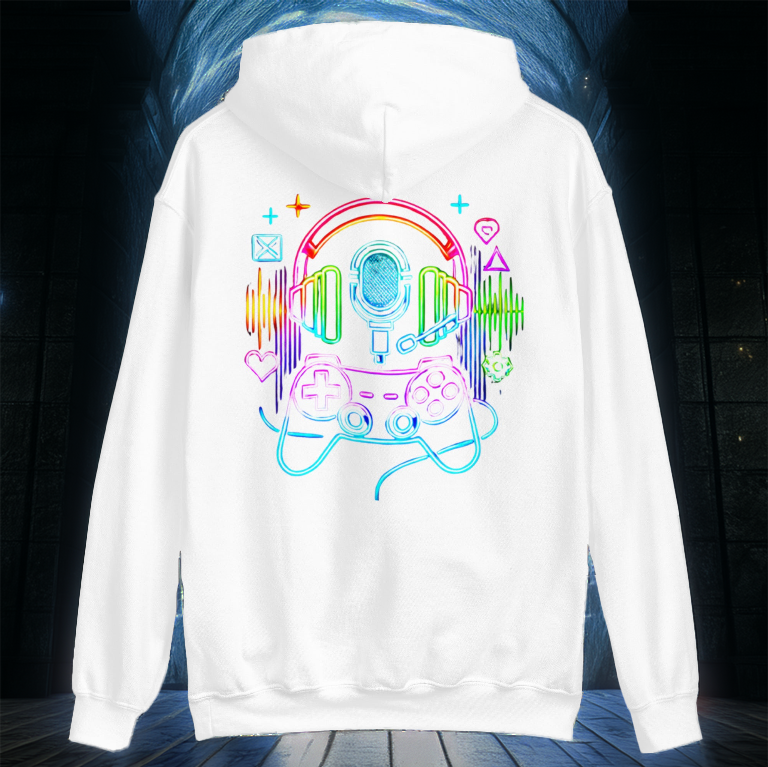 White gaming hoodie featuring a vibrant neon design with a futuristic headset, microphone, and game controller, enhanced by digital sound waves and cyber elements. Ideal for gamers, streamers, and tech enthusiasts looking for a stylish esports-inspired look
