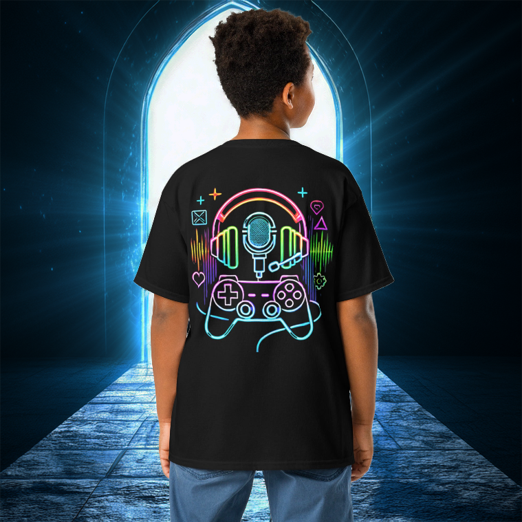 A young boy wearing the Gamer Vibes Youth Tee in black, featuring a neon-glowing design of a gaming controller, headset, and microphone, standing before a sci-fi portal backdrop.