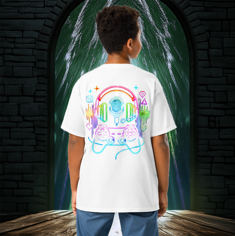 A young boy wearing the Gamer Vibes Youth Tee in white, standing before a glowing green portal. The back of the shirt showcases a neon gaming-themed design, featuring a controller, headset, microphone, and digital icons, capturing the essence of gaming and esports culture.