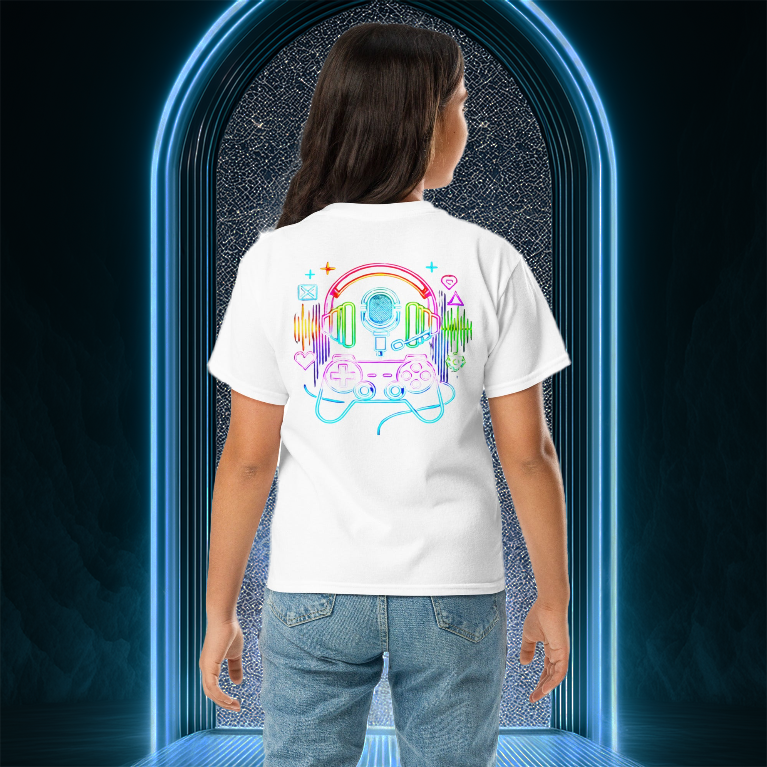 A young girl wearing the Gamer Vibes Youth Tee in white, standing in front of a futuristic neon-lit portal. The back of the shirt features a vibrant neon design of a gaming controller, headphones, a microphone, and digital elements, symbolizing gaming culture and esports energy