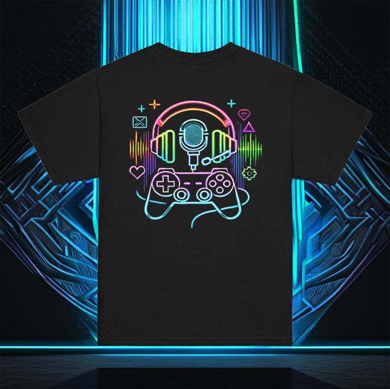 The Gamer Vibes Youth Tee in black, displayed against a futuristic neon-lit background. The back of the shirt features a vibrant neon gaming design, including a controller, headset, microphone, and digital icons like sound waves, hearts, and chat bubbles, symbolizing the excitement of gaming and streaming culture.