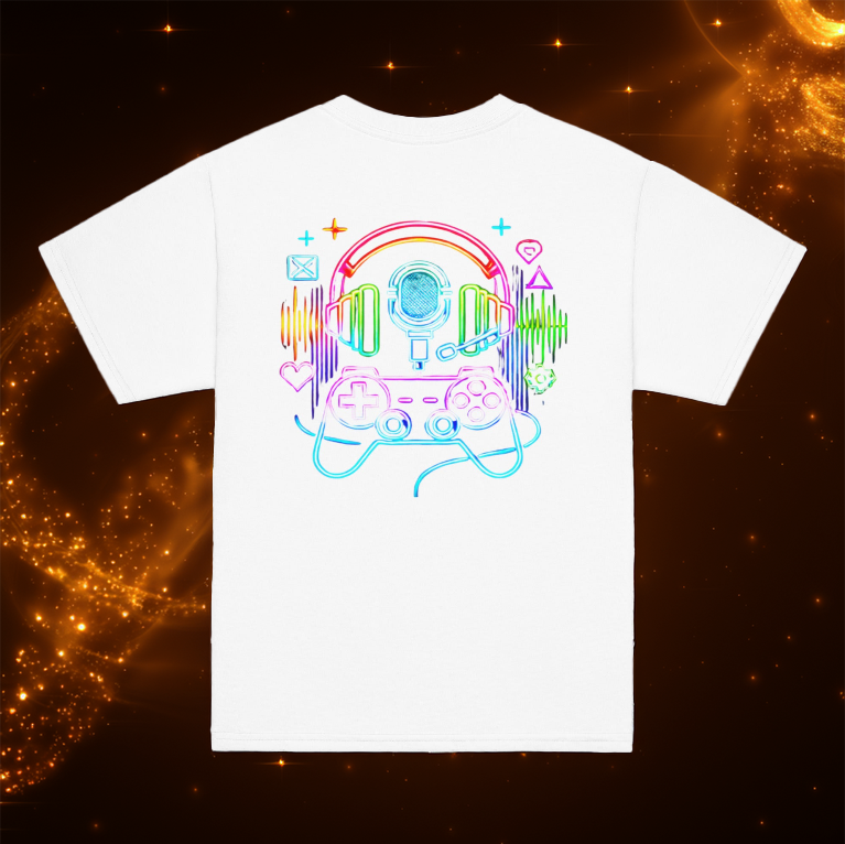 The Gamer Vibes Youth Tee in white, displayed against a golden cosmic background. The back of the shirt showcases a neon gaming-inspired design, featuring a controller, headset, microphone, and digital elements like sound waves, hearts, and chat icons, representing the energy of gaming and streaming culture.