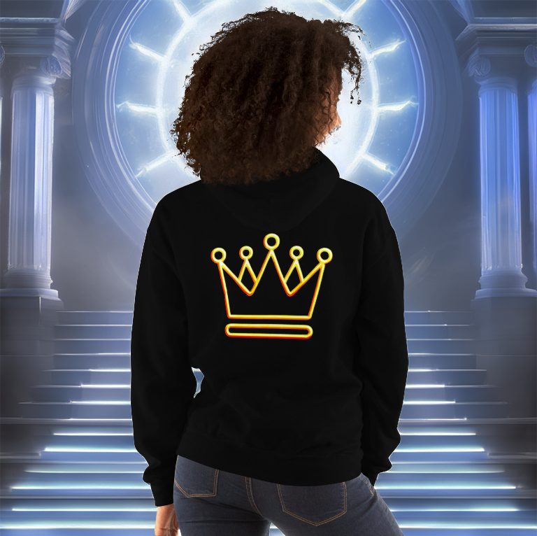 Golden Glow Hoodie - Black | Women's fleece hoodie featuring a neon gold crown design on the back. Sleek, warm, and stylish streetwear statement.