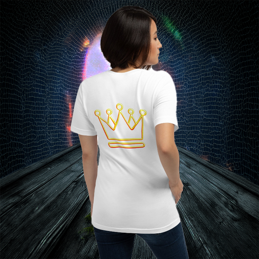 Golden Glow Tee – Women's White T-Shirt with Neon Gold Crown | Luxurious streetwear fashion, soft fabric, and bold statement design.