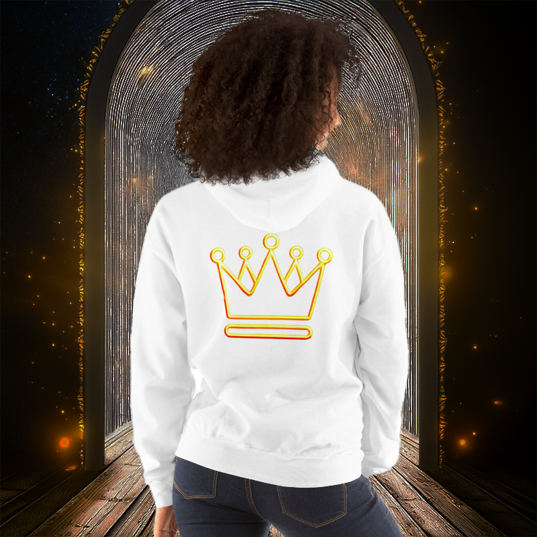 Golden Glow Hoodie - White | Women's fleece hoodie featuring a neon gold crown design on the back. Stylish, cozy, and bold streetwear fashion statement.