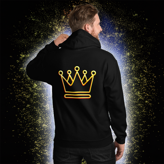Golden Glow Hoodie - Black | Premium fleece hoodie with neon gold crown design on the back. Sleek, stylish, and bold streetwear fashion.