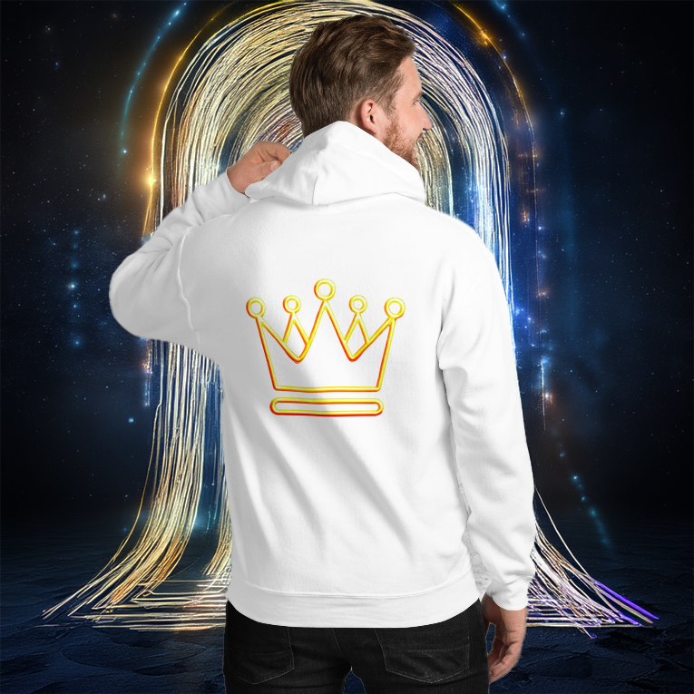 Golden Glow Hoodie - White | Men's fleece hoodie featuring a neon gold crown design on the back. Stylish, warm, and perfect for bold streetwear looks.