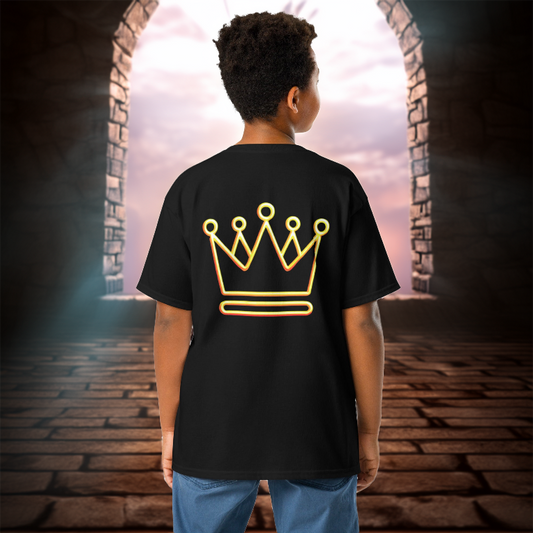 A young boy wearing a black t-shirt featuring a neon gold crown design on the back, standing in front of a mystical stone archway with a glowing sky in the background.