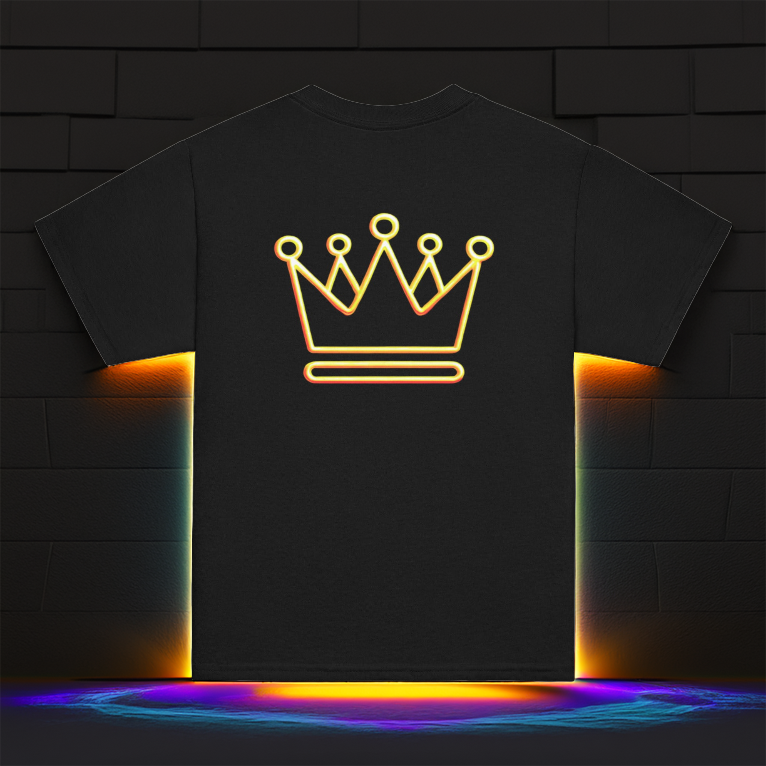 Black t-shirt featuring a neon gold crown design on the back, displayed against a futuristic black brick wall with glowing golden and blue lighting effects.