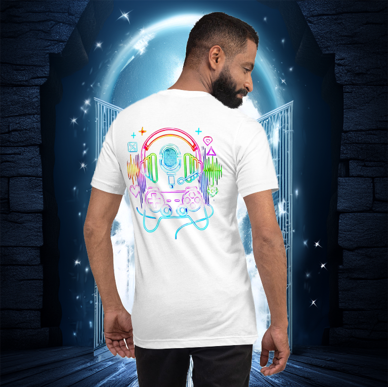 A man wearing a white gaming-inspired tee featuring a neon headset, microphone, and controller design, standing in front of a glowing portal set within a dark, mystical stone passageway.