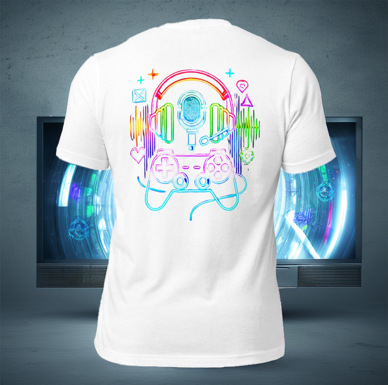 A white gaming-themed tee displayed in front of a futuristic screen, featuring a neon design of a headset, microphone, and controller with digital sound waves and icons.