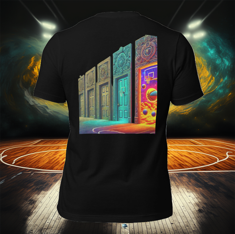 Black tee featuring a neon cosmic door and basketball court design, set against a dramatic arena with celestial lighting and a glowing hardwood floor.