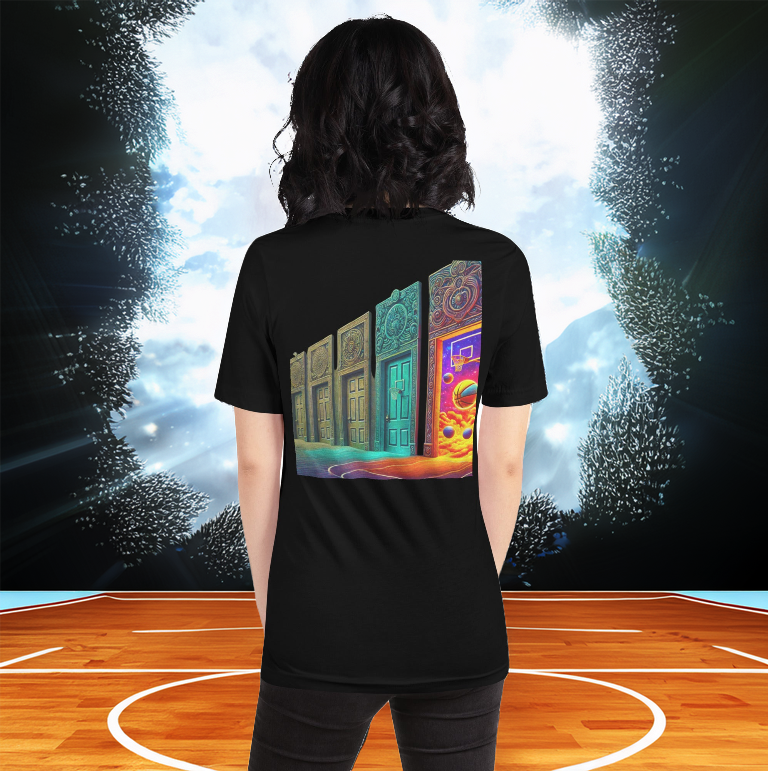 Female model wearing a black tee with a neon-infused basketball court and mystical doorways design. The futuristic court background adds an electrifying, sporty aesthetic.