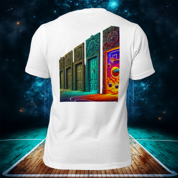 White tee featuring a neon cosmic door and basketball court design, set against a futuristic arena with glowing blue lights and a polished wooden floor.